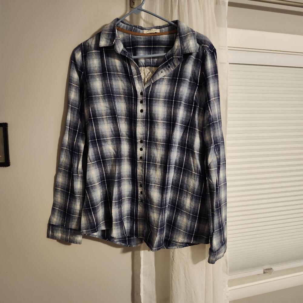 Blue plaid button up. Size large. Cute lace crochet back